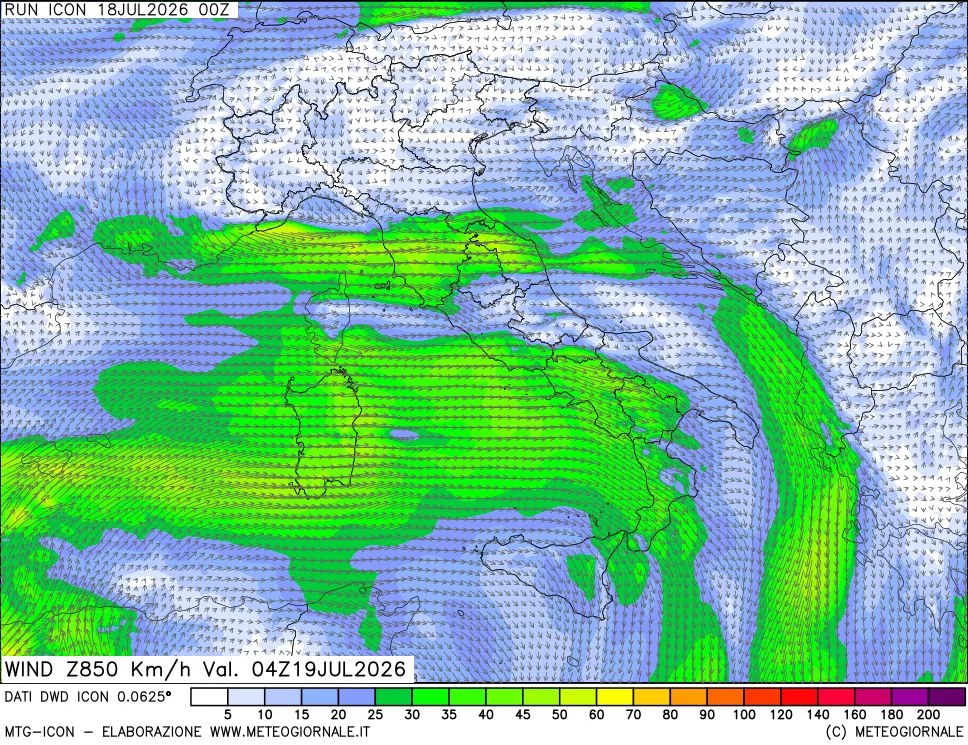 mappa 850 hPa Vento forza e direzione