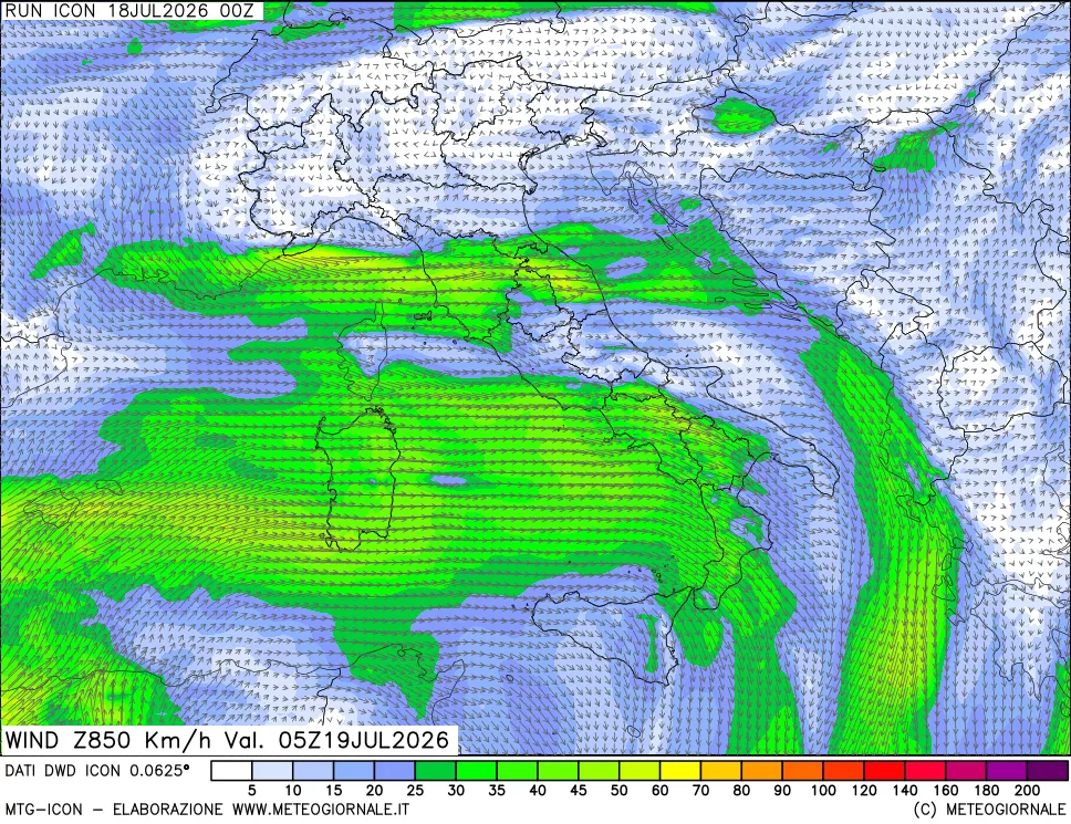 mappa 850 hPa Vento forza e direzione