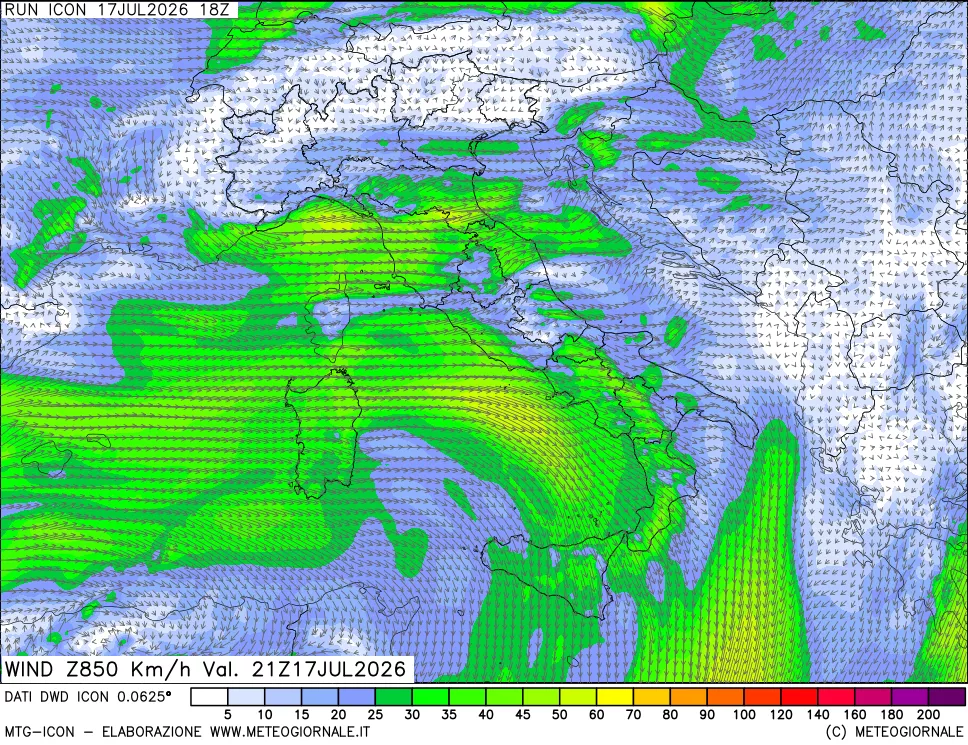 mappa 850 hPa Vento forza e direzione