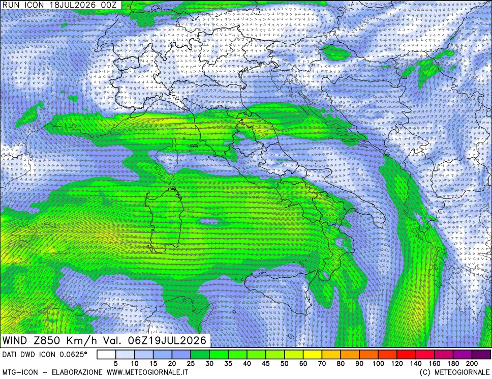 mappa 850 hPa Vento forza e direzione