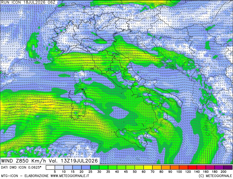 mappa 850 hPa Vento forza e direzione