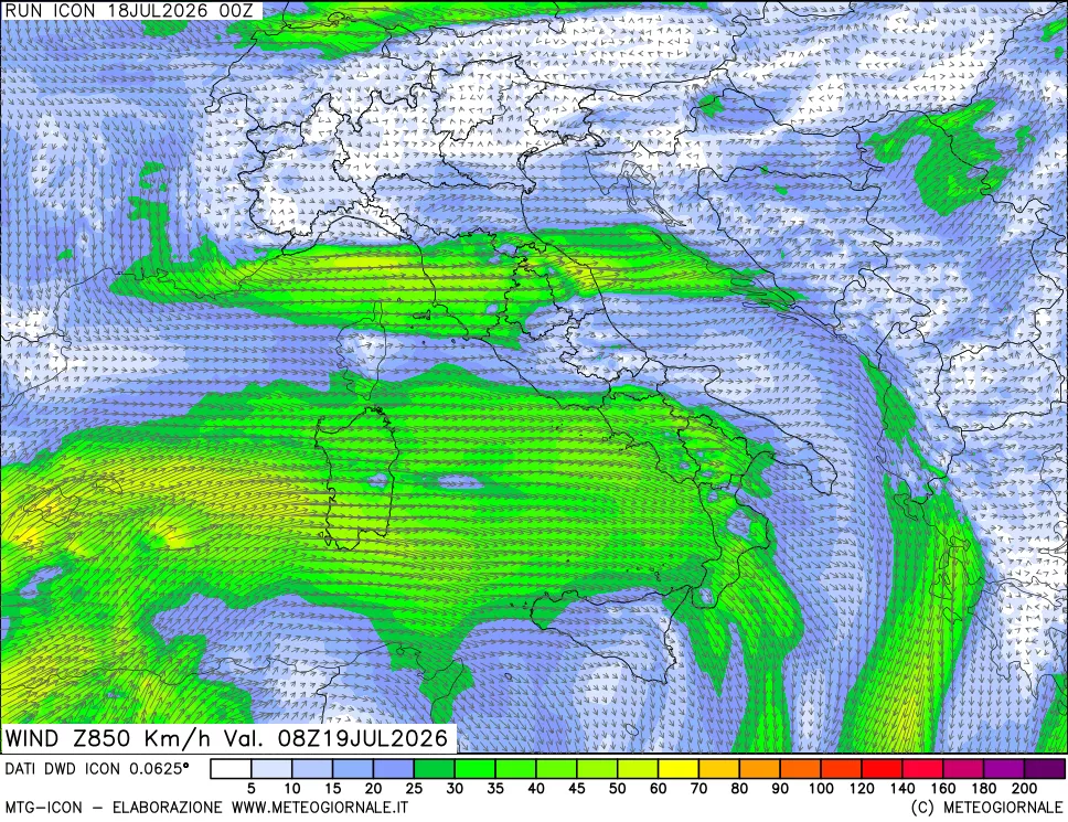 mappa 850 hPa Vento forza e direzione