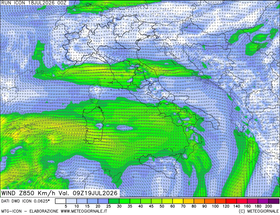 mappa 850 hPa Vento forza e direzione