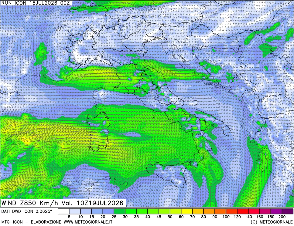 mappa 850 hPa Vento forza e direzione