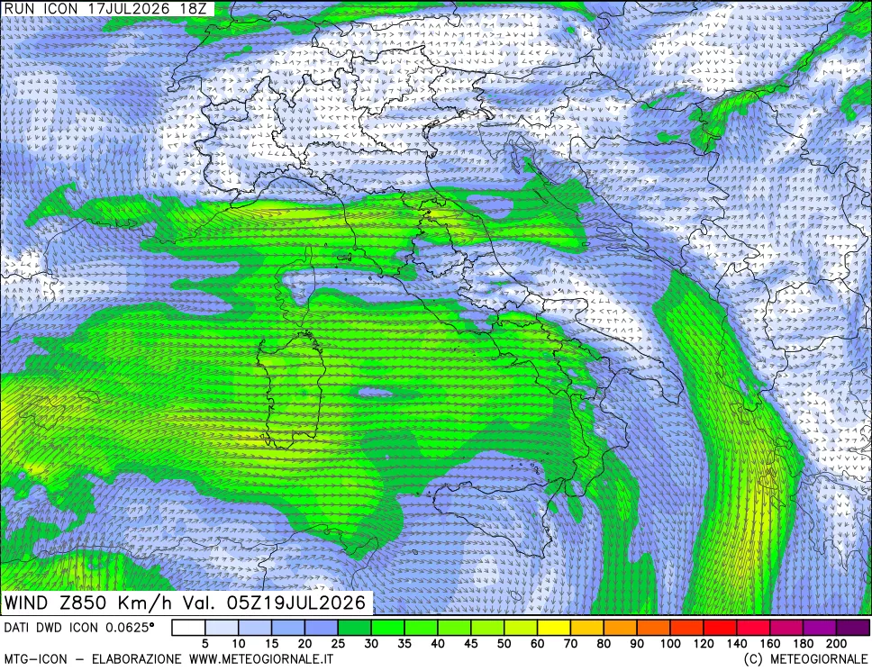mappa 850 hPa Vento forza e direzione
