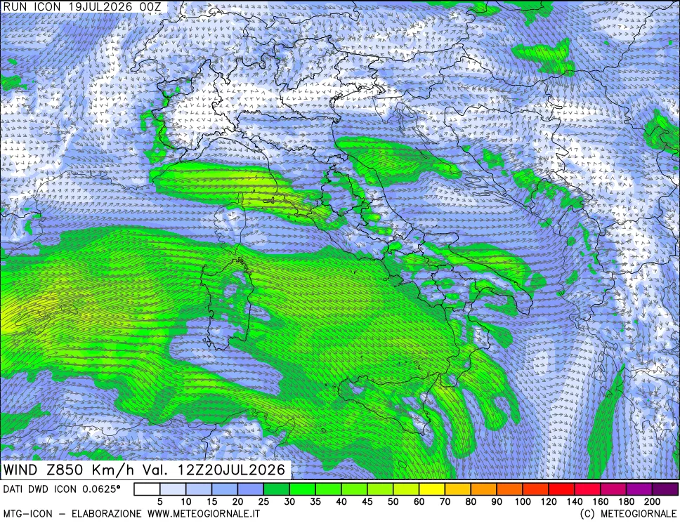 mappa 850 hPa Vento forza e direzione