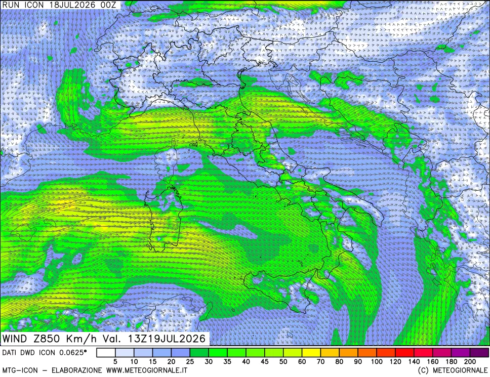 mappa 850 hPa Vento forza e direzione