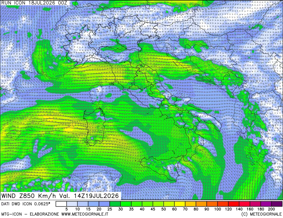 mappa 850 hPa Vento forza e direzione
