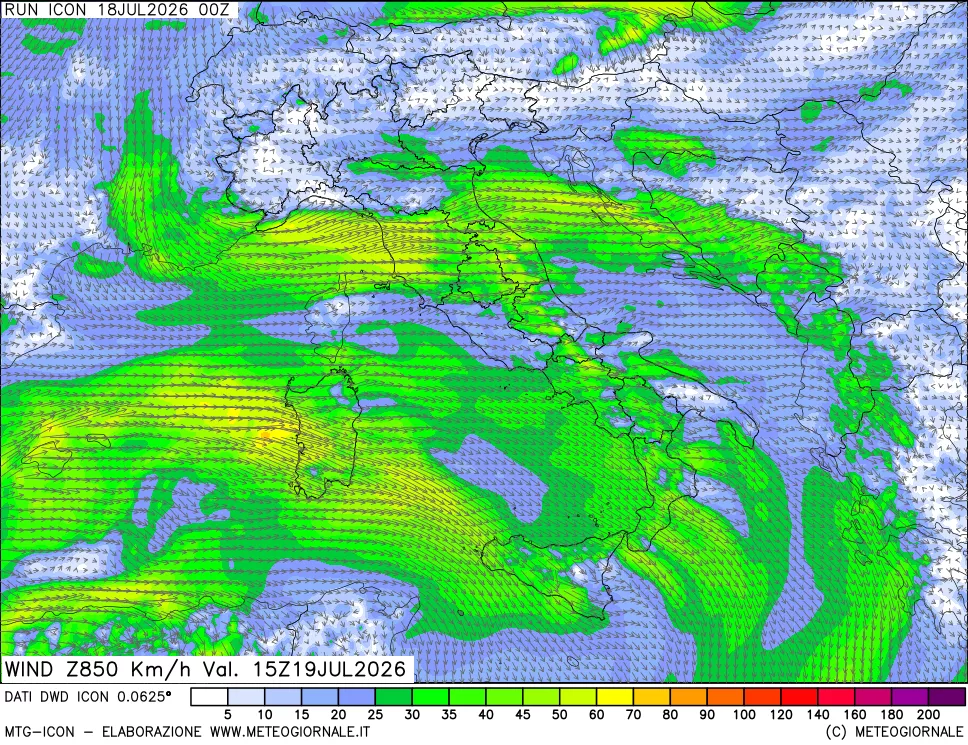 mappa 850 hPa Vento forza e direzione