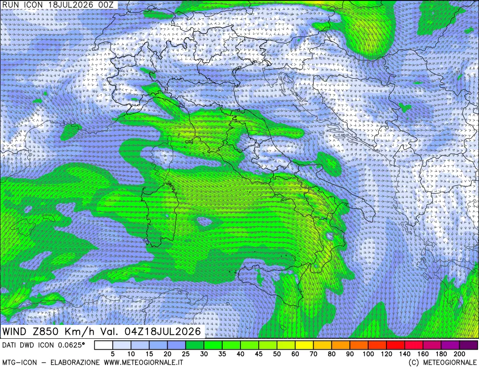mappa 850 hPa Vento forza e direzione