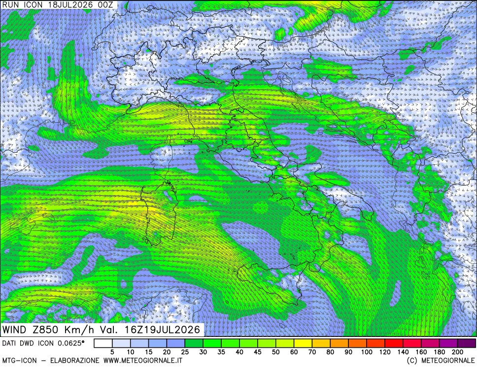 mappa 850 hPa Vento forza e direzione