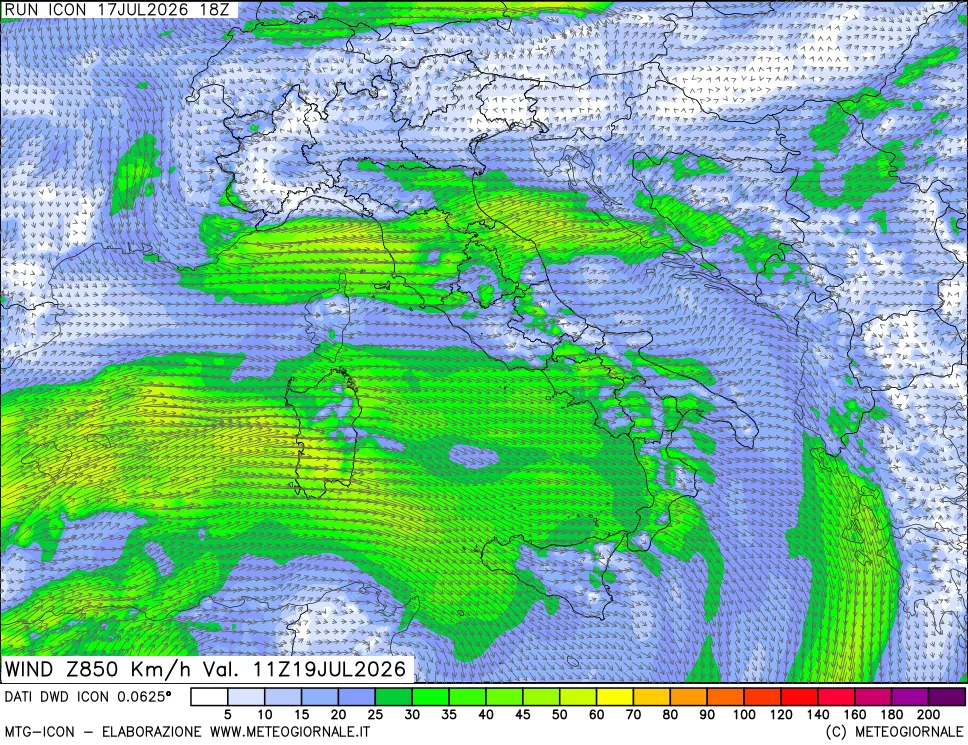 mappa 850 hPa Vento forza e direzione