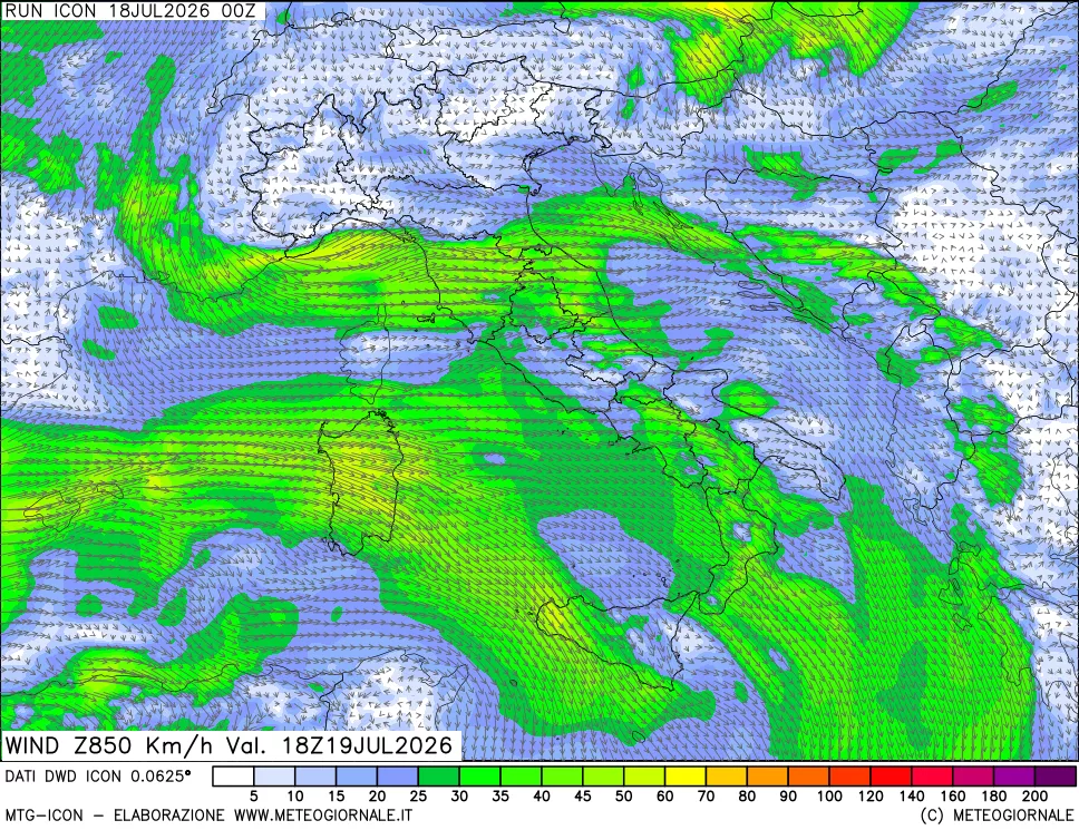 mappa 850 hPa Vento forza e direzione