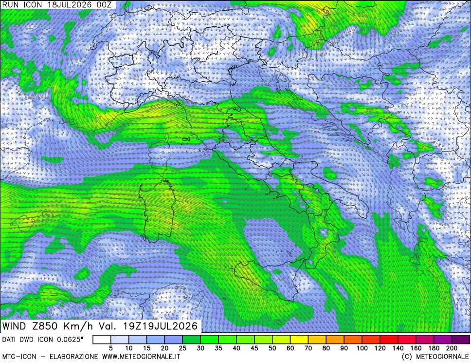 mappa 850 hPa Vento forza e direzione