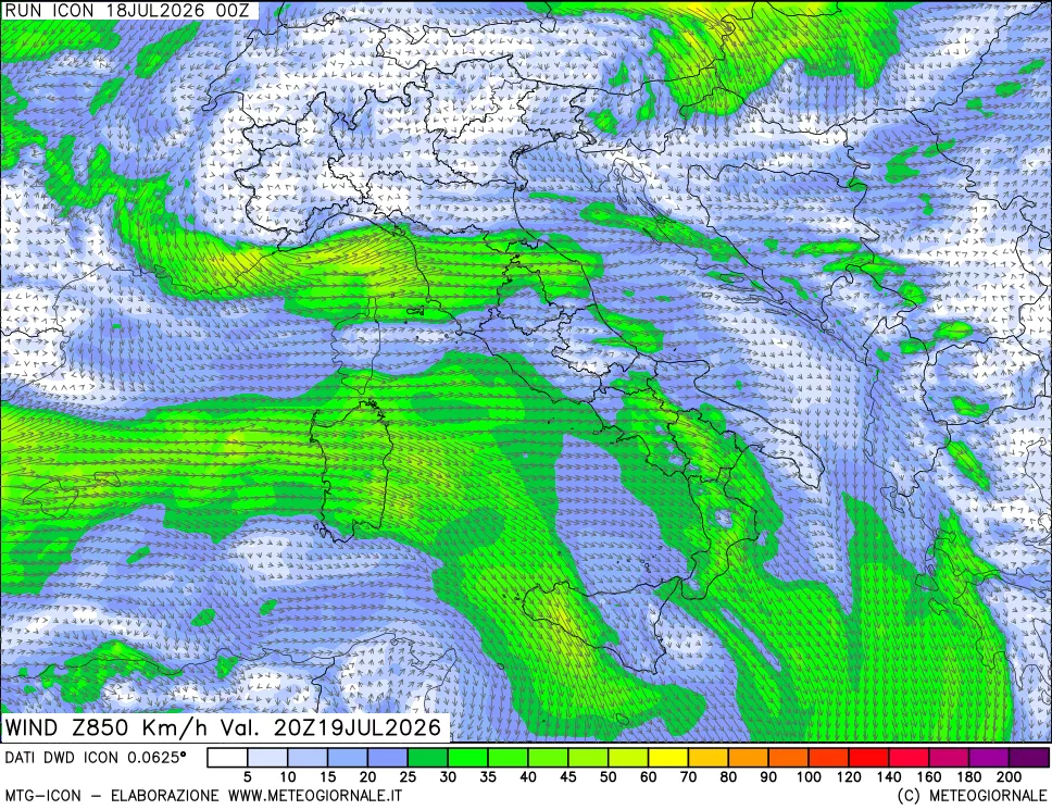 mappa 850 hPa Vento forza e direzione