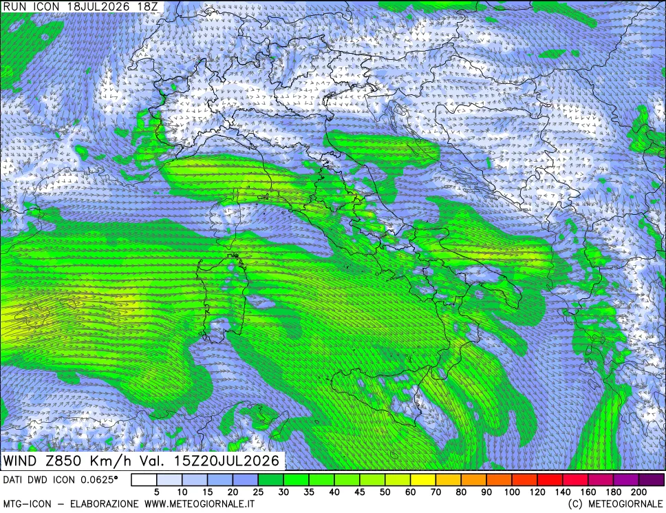 mappa 850 hPa Vento forza e direzione