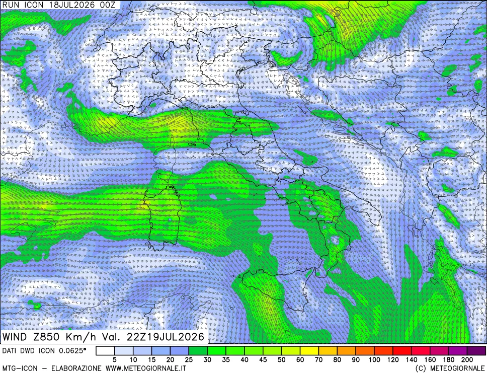 mappa 850 hPa Vento forza e direzione