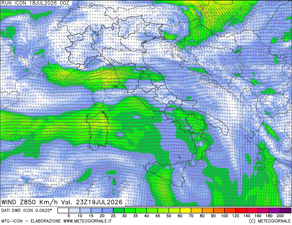 mappa 850 hPa Vento forza e direzione