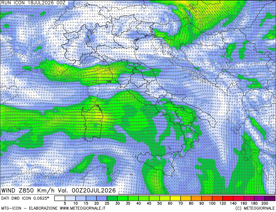 mappa 850 hPa Vento forza e direzione