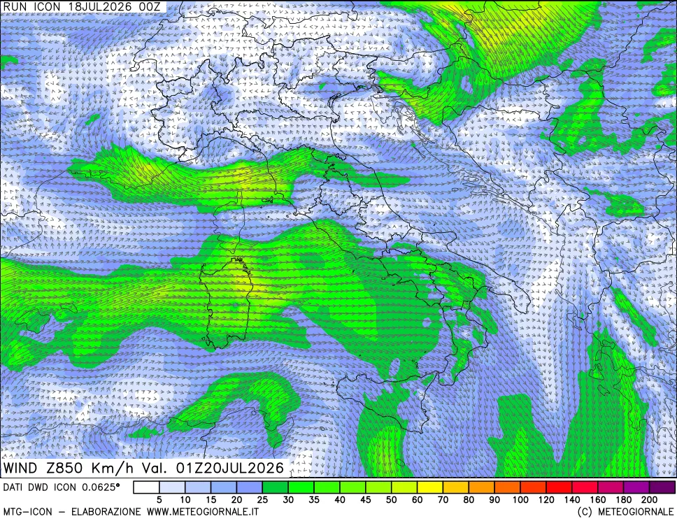mappa 850 hPa Vento forza e direzione