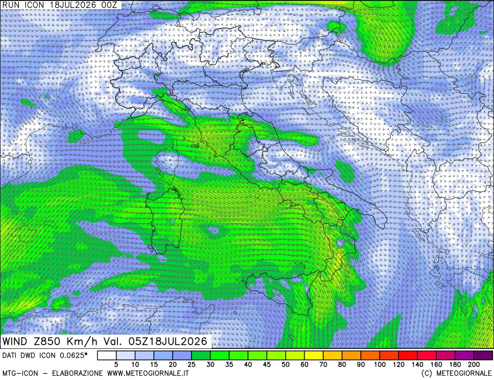 mappa 850 hPa Vento forza e direzione