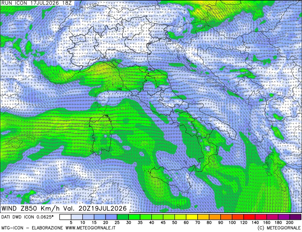 mappa 850 hPa Vento forza e direzione