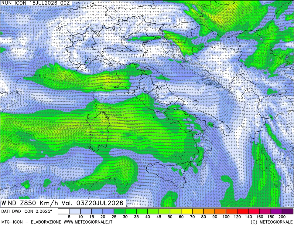 mappa 850 hPa Vento forza e direzione
