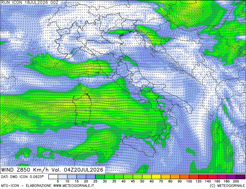 mappa 850 hPa Vento forza e direzione