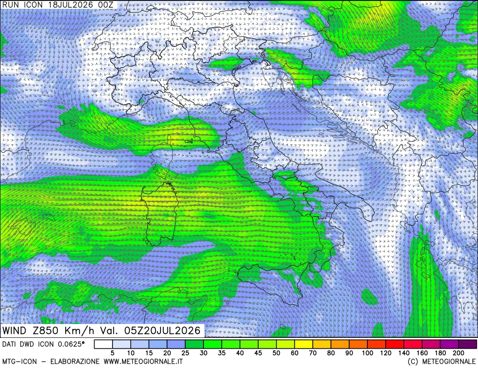 mappa 850 hPa Vento forza e direzione