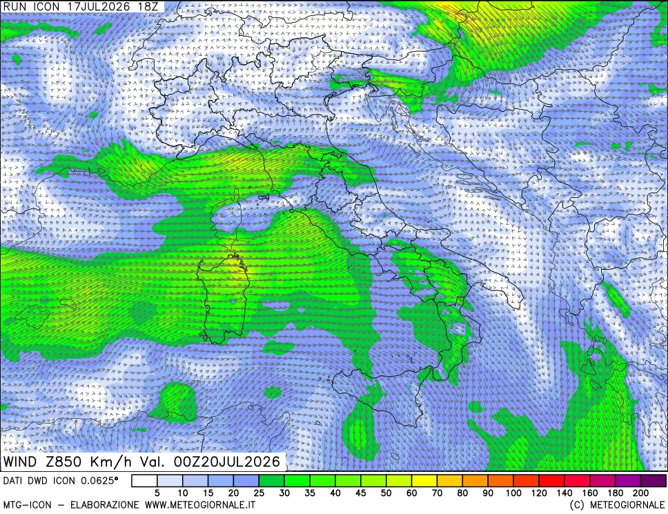 mappa 850 hPa Vento forza e direzione