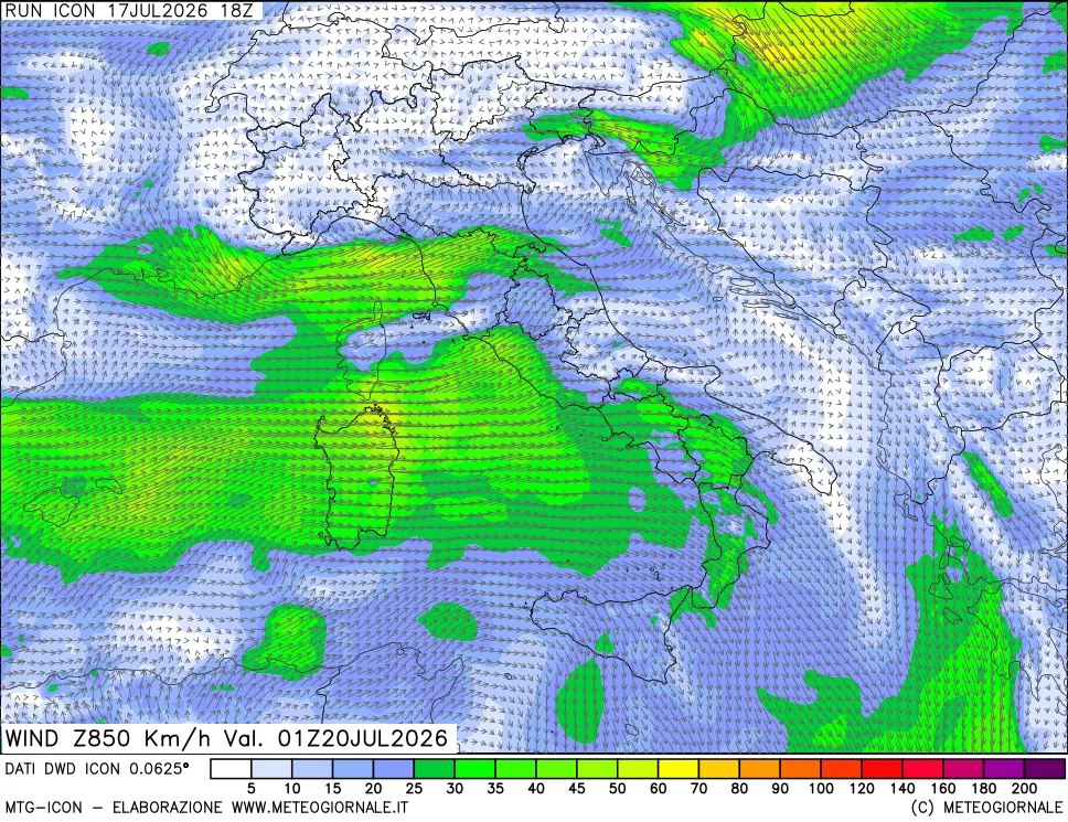 mappa 850 hPa Vento forza e direzione
