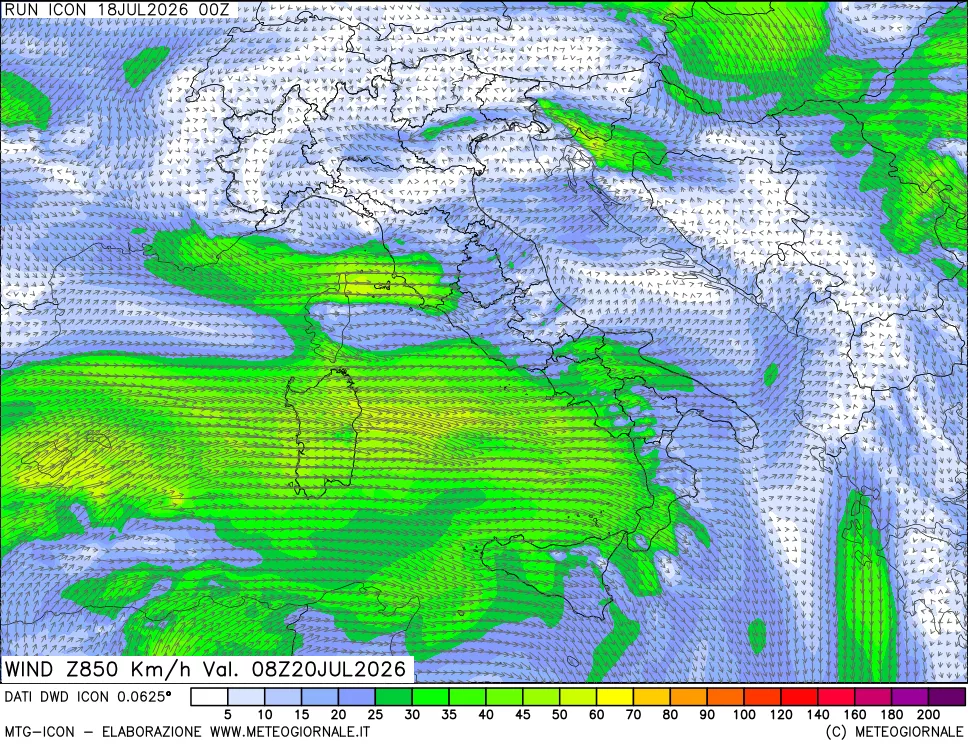 mappa 850 hPa Vento forza e direzione