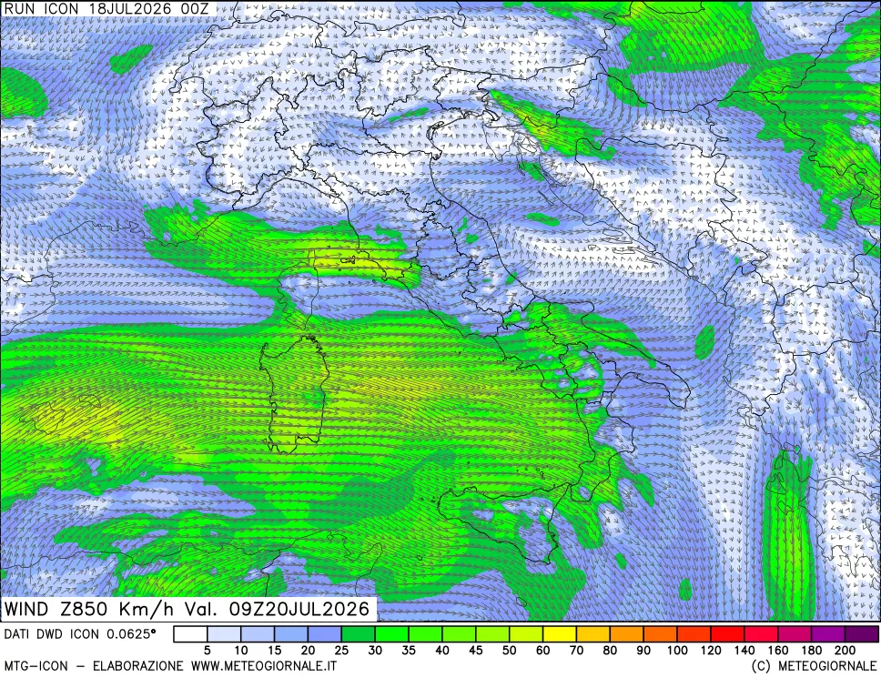 mappa 850 hPa Vento forza e direzione