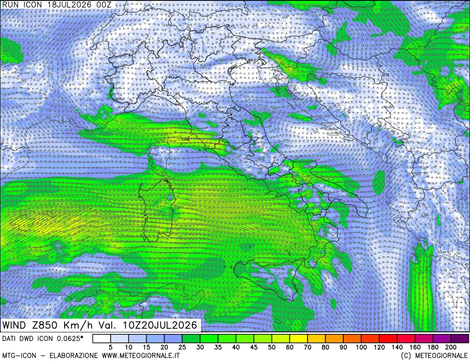 mappa 850 hPa Vento forza e direzione