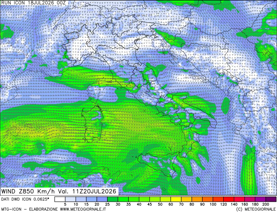mappa 850 hPa Vento forza e direzione