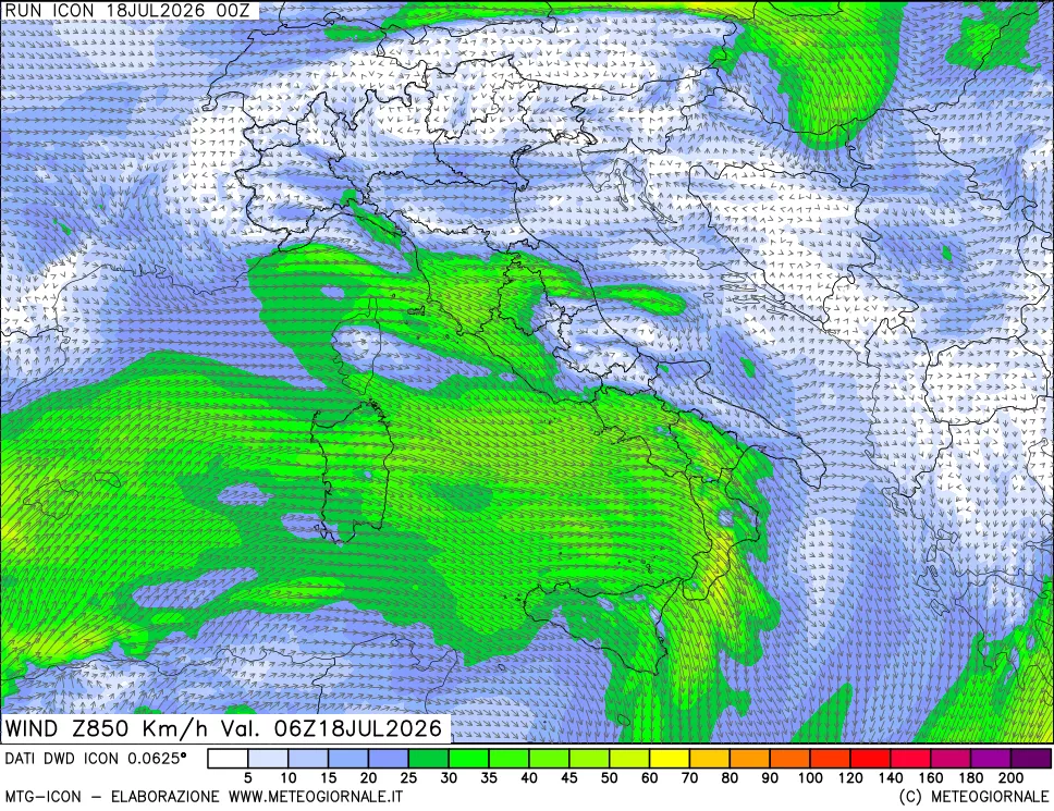 mappa 850 hPa Vento forza e direzione