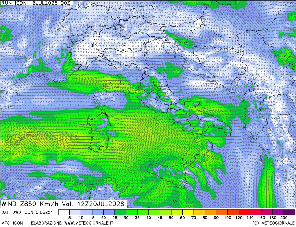 mappa 850 hPa Vento forza e direzione