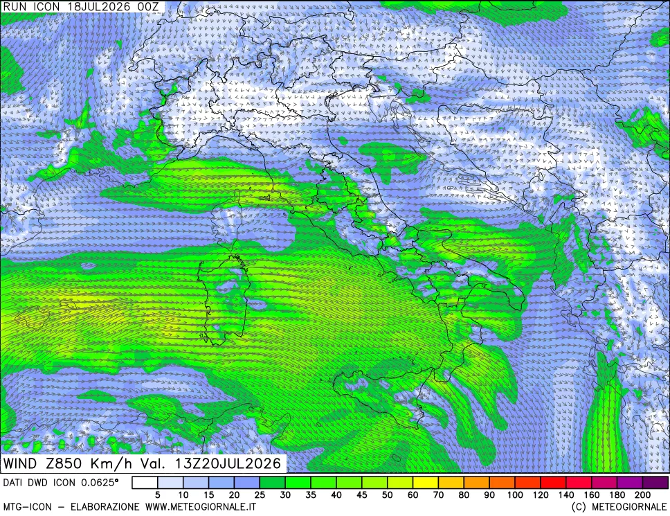 mappa 850 hPa Vento forza e direzione