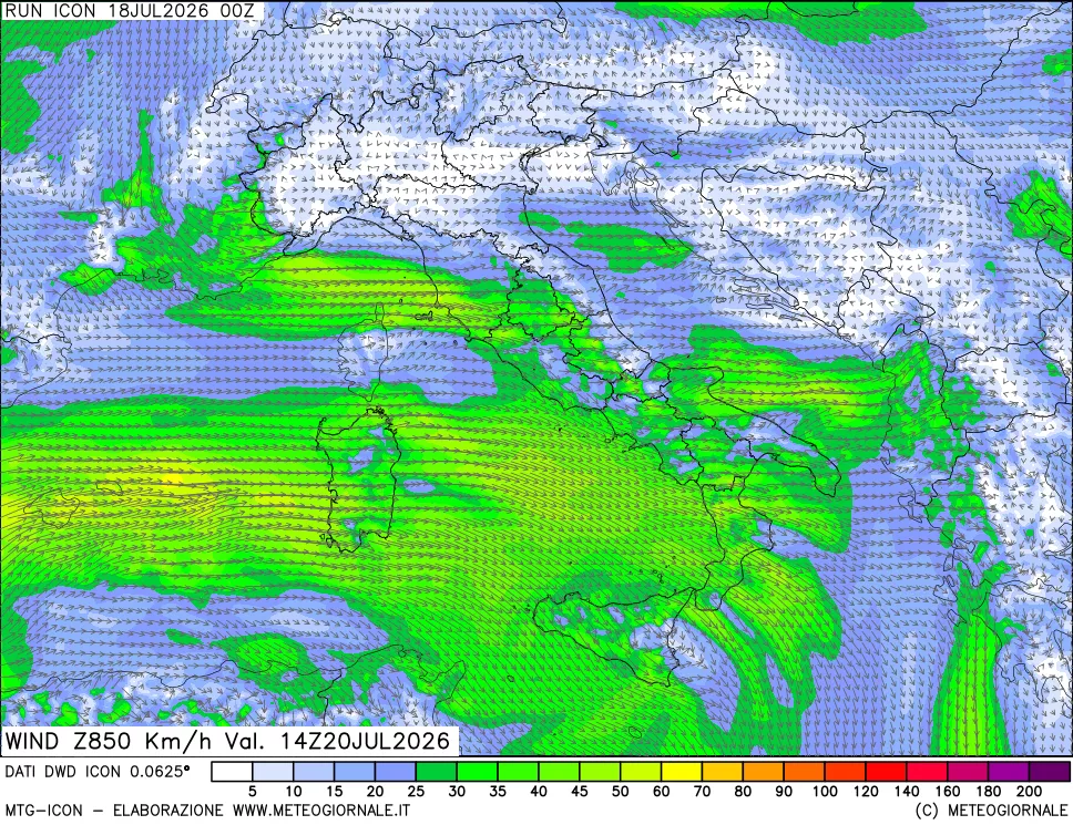 mappa 850 hPa Vento forza e direzione