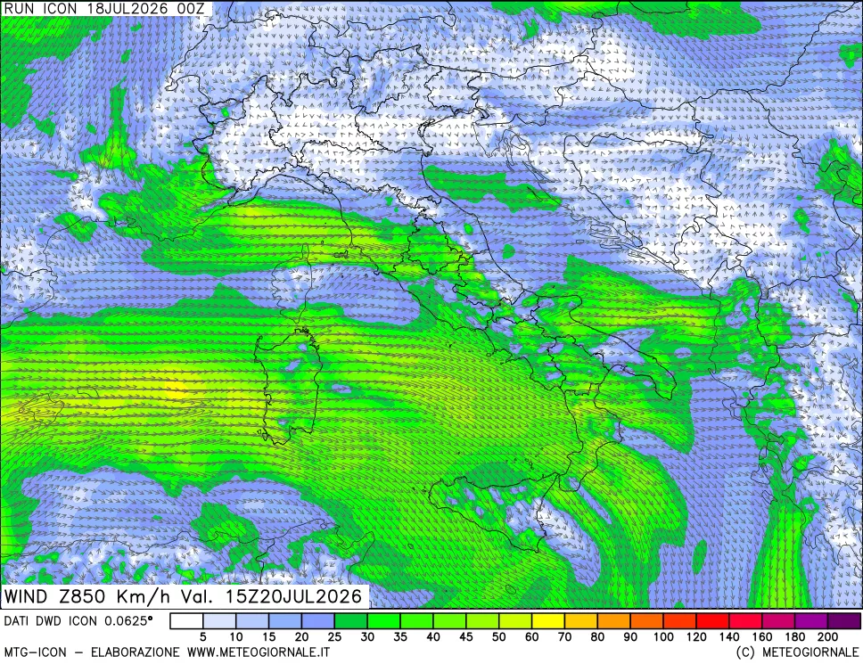mappa 850 hPa Vento forza e direzione