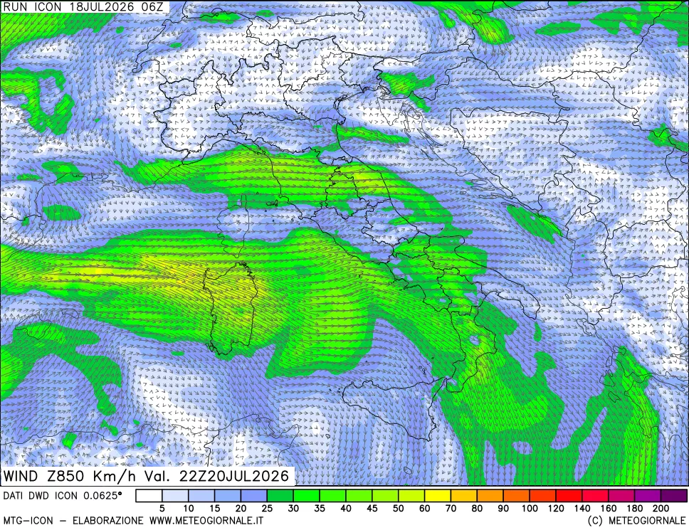mappa 850 hPa Vento forza e direzione
