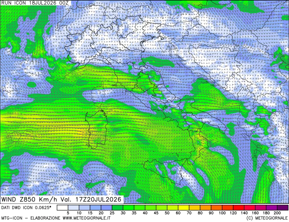 mappa 850 hPa Vento forza e direzione