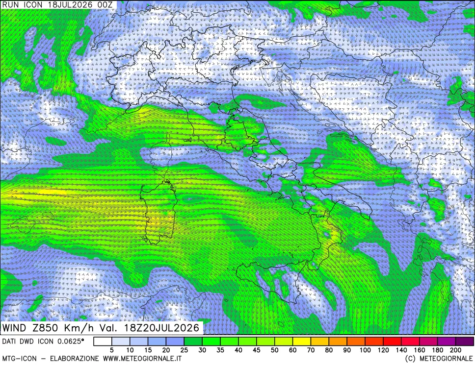 mappa 850 hPa Vento forza e direzione