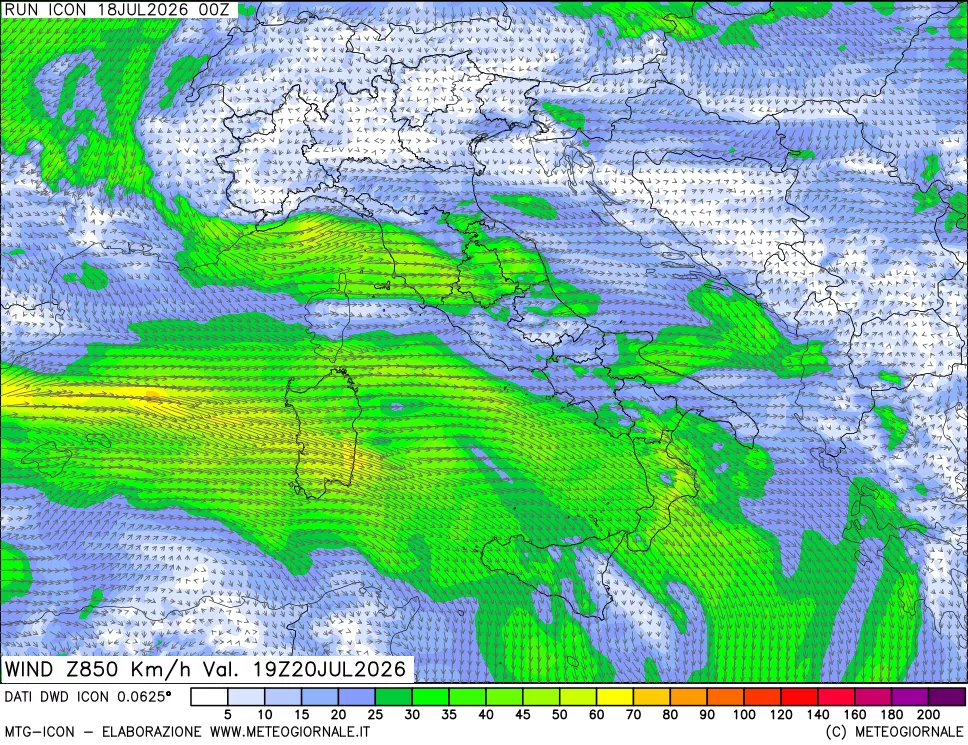 mappa 850 hPa Vento forza e direzione