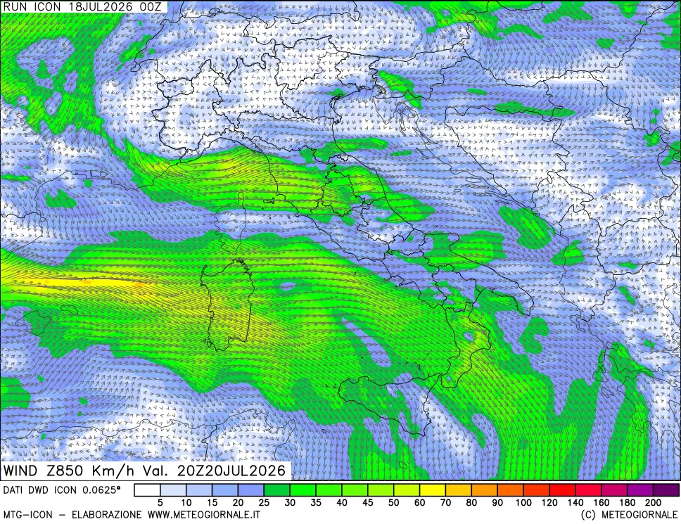 mappa 850 hPa Vento forza e direzione