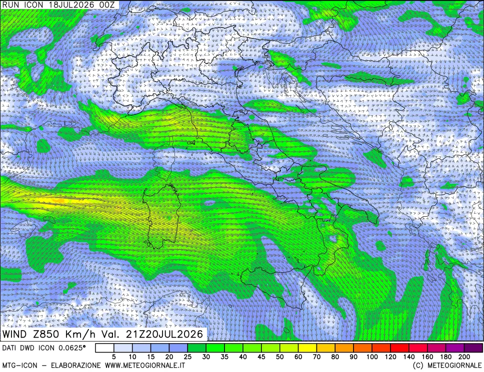 mappa 850 hPa Vento forza e direzione
