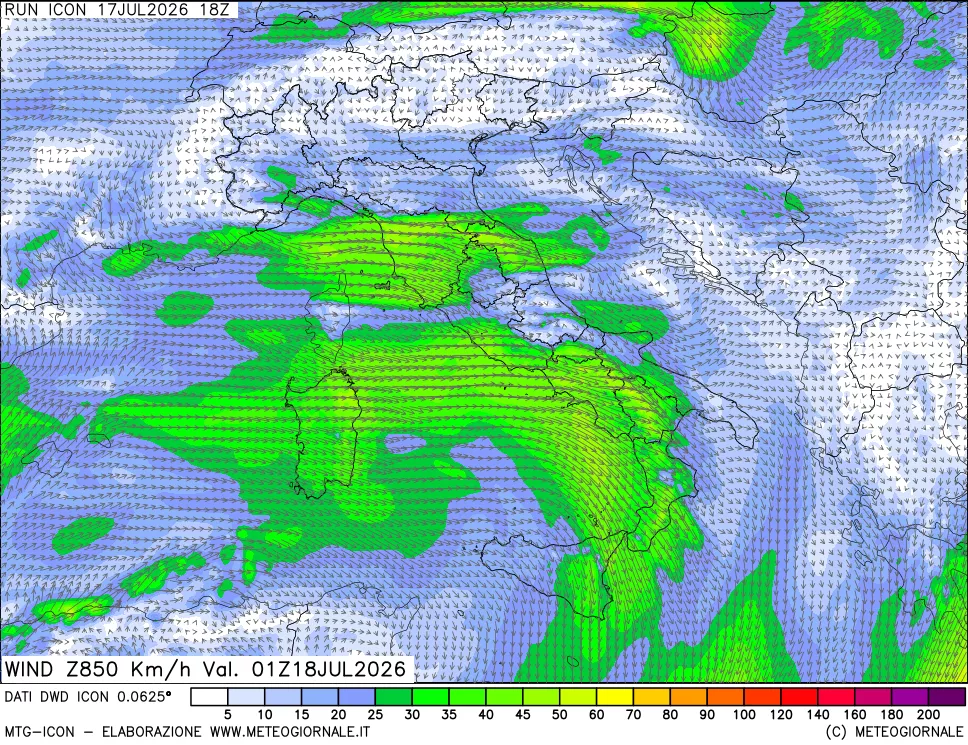 mappa 850 hPa Vento forza e direzione