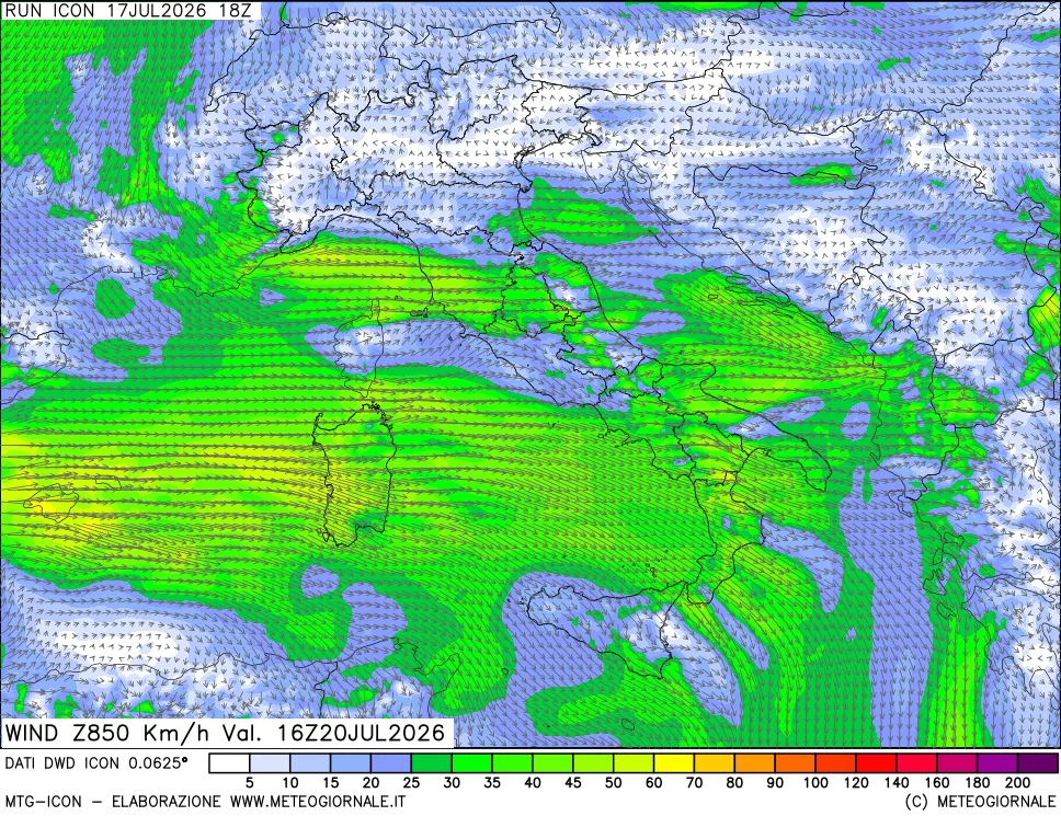 mappa 850 hPa Vento forza e direzione