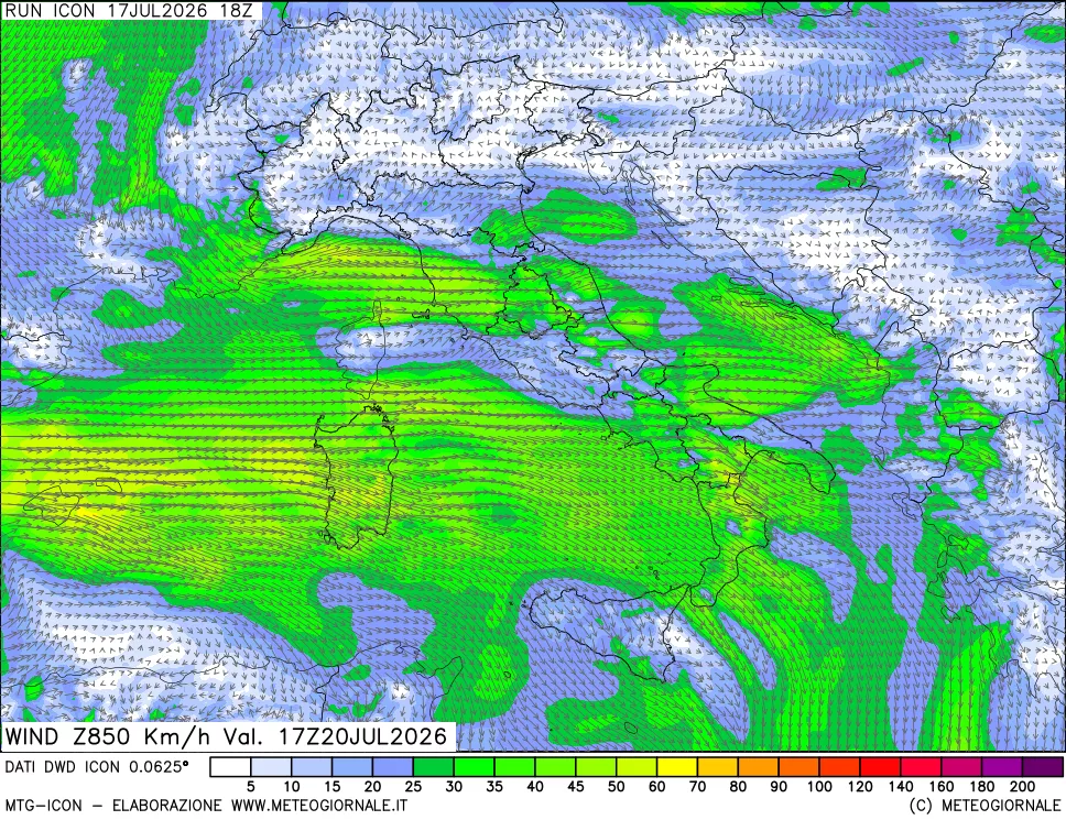 mappa 850 hPa Vento forza e direzione