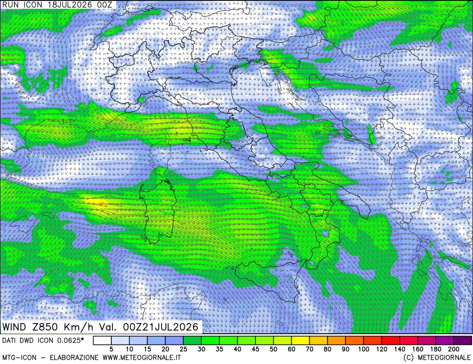 mappa 850 hPa Vento forza e direzione